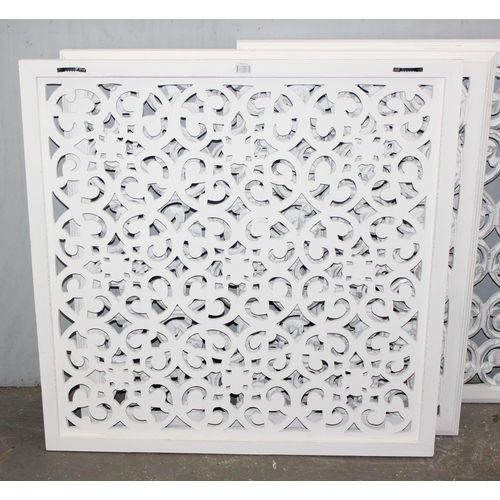 482 - 3 decorative white painted wooden panels with pierced design, each approx 91cm square