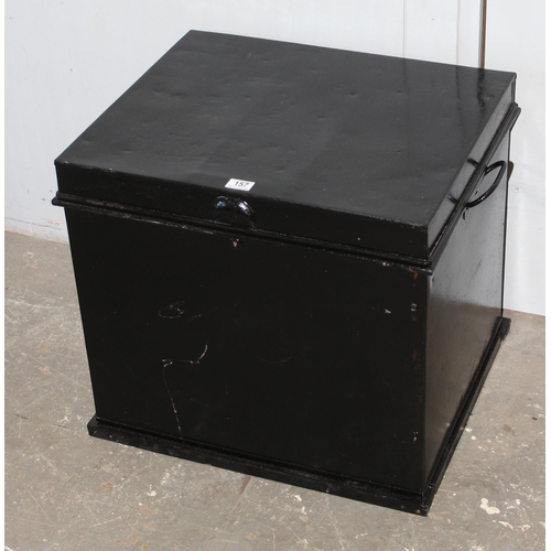 157 - An unusually large black painted metal deed box, approx 60cm wide x 50cm deep x 55cm tall