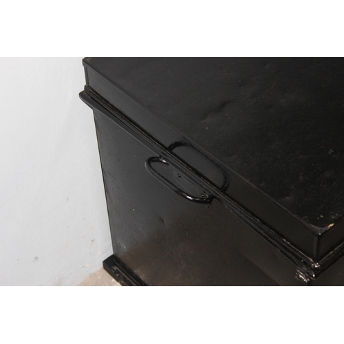 157 - An unusually large black painted metal deed box, approx 60cm wide x 50cm deep x 55cm tall