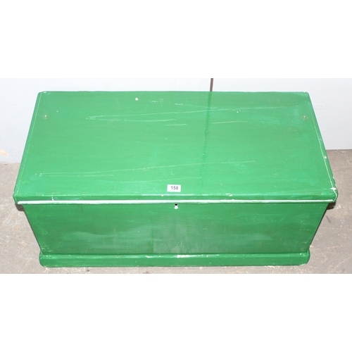 158 - A vintage green painted pine trunk with iron handles, approx 94cm wide x 45cm deep x 41cm tall