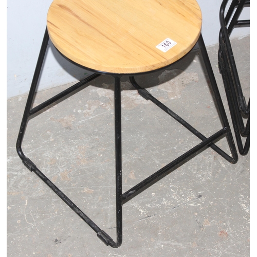 160 - A set of 4 wooden topped stools with wrought metal bases, each approx 46cm tall