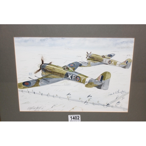 1402 - A framed watercolour painting of WW2 period British planes, indistinctly signed by the artist but al... 