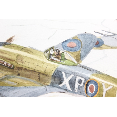 1402 - A framed watercolour painting of WW2 period British planes, indistinctly signed by the artist but al... 