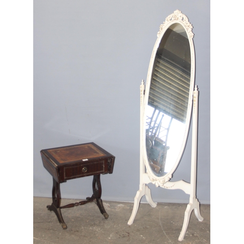 19 - A small leather topped side table and a vintage style white painted cheval mirror, approx 157cm tall