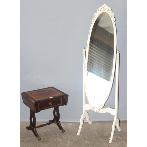 19 - A small leather topped side table and a vintage style white painted cheval mirror, approx 157cm tall