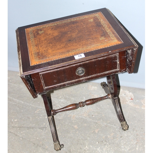 19 - A small leather topped side table and a vintage style white painted cheval mirror, approx 157cm tall