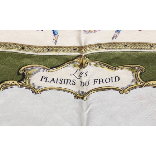 200 - A vintage Hermes of Paris silk scarf, Les Plaisirs du Froid, designed by Hugo Grygkar, approx 87cm x... 