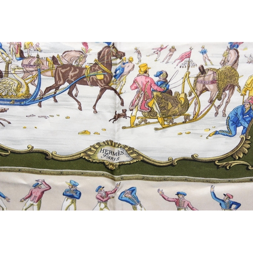 200 - A vintage Hermes of Paris silk scarf, Les Plaisirs du Froid, designed by Hugo Grygkar, approx 87cm x... 