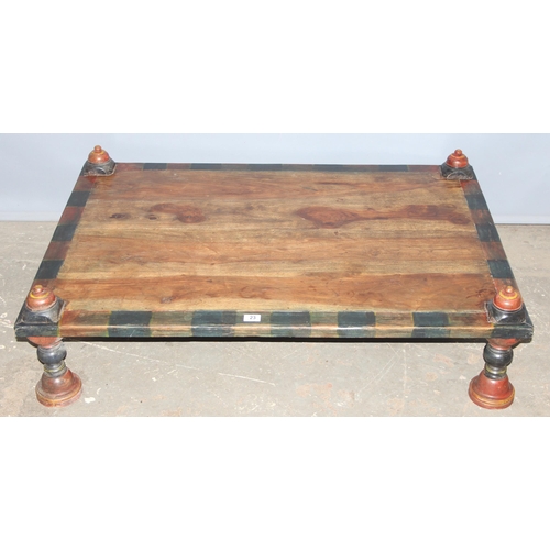 23 - A vintage Indian Charpoy coffee table with wooden inlay, approx 121cm wide x 88cm deep x 27cm tall