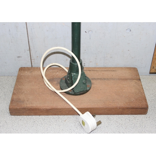 230 - Mid century industrial Med-Flex green painted adjustable Lathe lamp mounted on wooden block