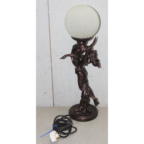 231 - An Art Deco style bronzed table lamp formed as a scantily clad female, the shade a crackle glass glo... 