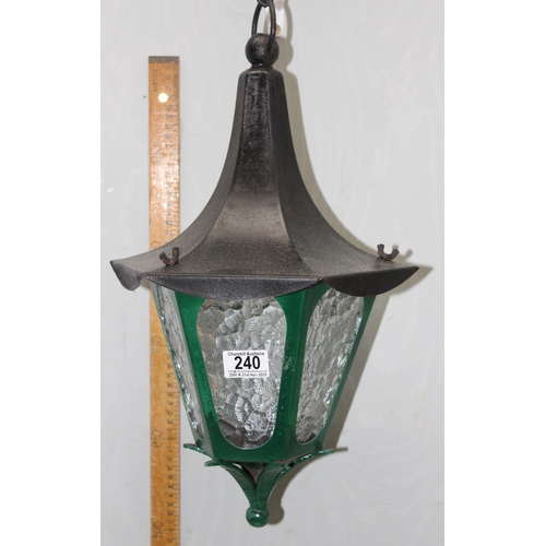 240 - Antique style ceiling lantern with frosted glass panels, total length including chain approx. 85cm.