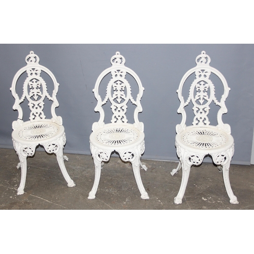 306 - A vintage Coalbrookdale style set of 3 white painted garden chairs and a matching table, all alumini... 