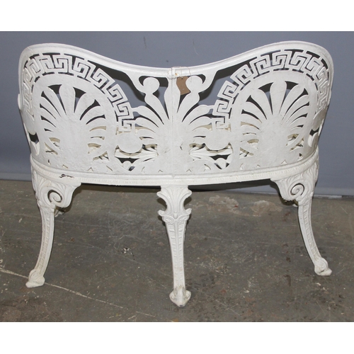 307 - A vintage Coalbrookdale style white painted 2 seater garden bench or love seat, all aluminium, the b... 