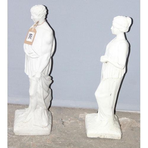 309 - 2 white marble effect garden statues of classical male and female figures, each approx 56cm tall