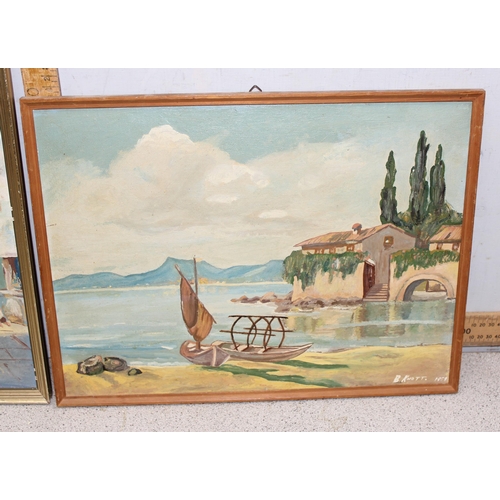 407 - B. Knott (XX), 5 assorted mid-century oil on board paintings depicting still life and landscapes, on... 