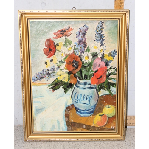 407 - B. Knott (XX), 5 assorted mid-century oil on board paintings depicting still life and landscapes, on... 