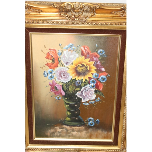 411 - 2 vintage decorative oil on board paintings of flowers, in impressive gilt frames, the largest appro... 