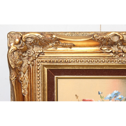 411 - 2 vintage decorative oil on board paintings of flowers, in impressive gilt frames, the largest appro... 