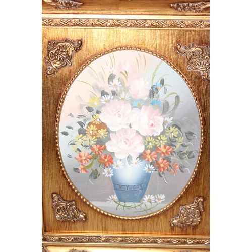 411 - 2 vintage decorative oil on board paintings of flowers, in impressive gilt frames, the largest appro... 