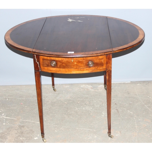 45 - A small Edwardian oval mahogany dropleaf table with drawer and crossbanded inlay, approx 96cm wide x... 