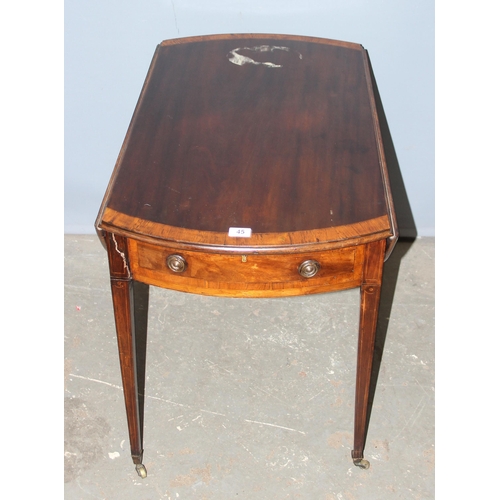 45 - A small Edwardian oval mahogany dropleaf table with drawer and crossbanded inlay, approx 96cm wide x... 