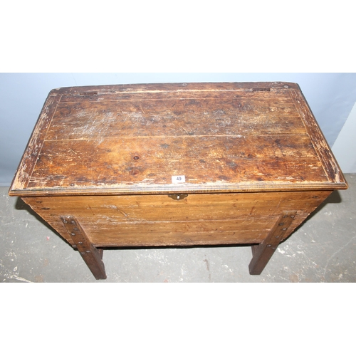 49 - An antique stained pine dough bin on legs, with lid, approx 103cm wide x 54cm deep x 78cm tall