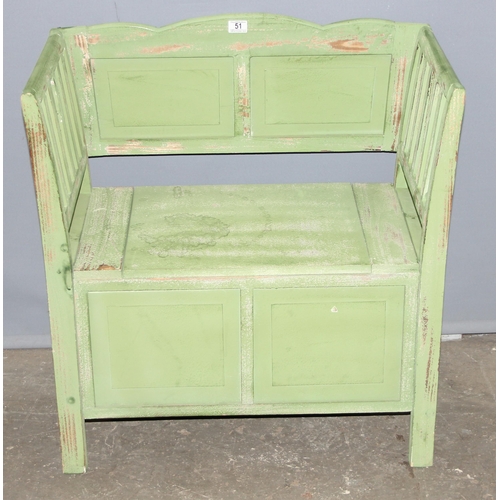 51 - A vintage hall bench of window seat with distressed green painted finish, approx 79cm wide x 44cm de... 