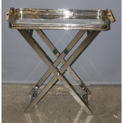 55 - An unusual Art Deco style polished aluminium butler's serving tray table with stand, approx 80cm wid... 