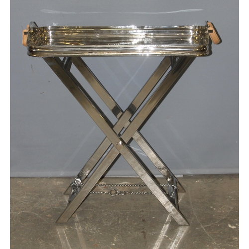 55 - An unusual Art Deco style polished aluminium butler's serving tray table with stand, approx 80cm wid... 