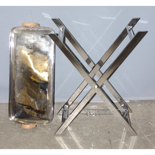 55 - An unusual Art Deco style polished aluminium butler's serving tray table with stand, approx 80cm wid... 