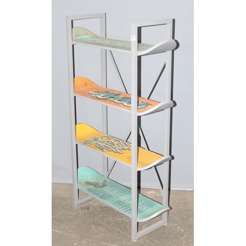 57 - A set of shelves in the manner of skateboards of snowboards, approx 86cm wide x 30cm deep x 132cm ta... 