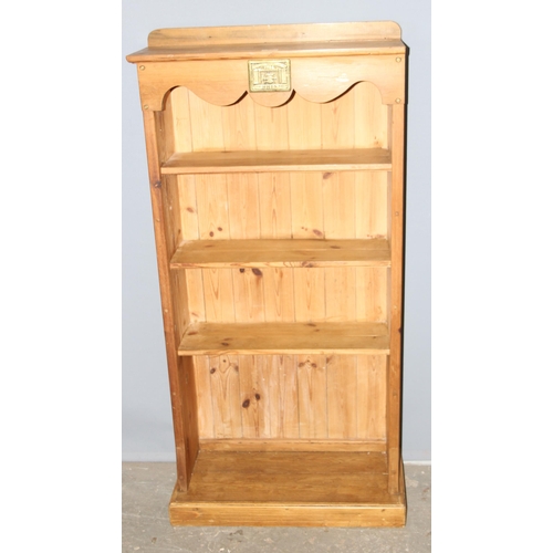 62 - Vintage pine bookshelf with brass plaque, approx 66cm wide x 24cm deep x 134cm tall