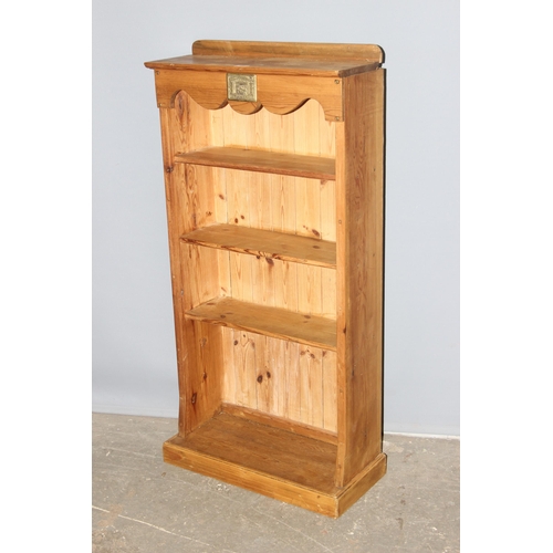 62 - Vintage pine bookshelf with brass plaque, approx 66cm wide x 24cm deep x 134cm tall