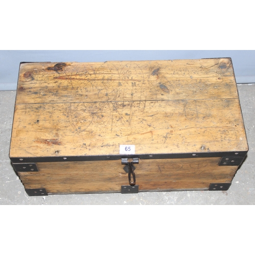 65 - A vintage pine and iron framed trunk, approx 62cm wide x 31cm deep x 26cm tall