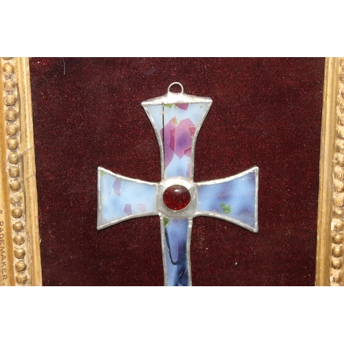 1631 - An antique frame containing a leaded glass crucifix, Buckingham Palace label with George V cipher to... 