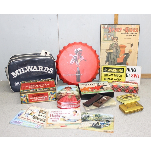 1730 - Mixed lot to include advertising tins & a retro Milwards shoulder bag