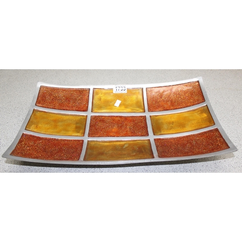 1733 - A retro style polished aluminium with red & orange enamel brick effect fruit dish, approx. size 46cm... 