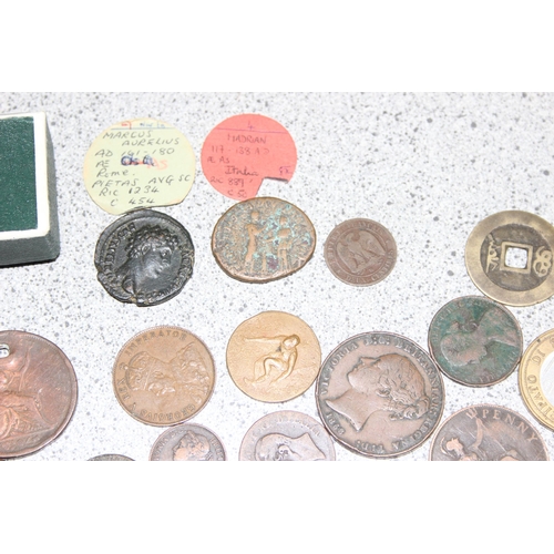 1249 - A qty of assorted interesting antique and later copper and other coins, medallions and tokens, to in... 