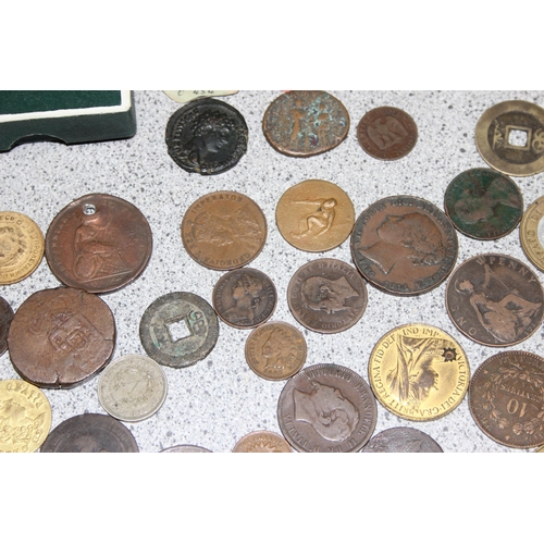 1249 - A qty of assorted interesting antique and later copper and other coins, medallions and tokens, to in... 