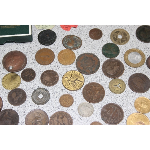 1249 - A qty of assorted interesting antique and later copper and other coins, medallions and tokens, to in... 