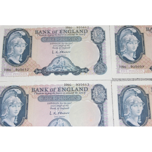 1261 - Great Britain Banknotes, A run of 6 consecutive serial numbered Five (£5) Pounds banknotes- O'Brien ... 