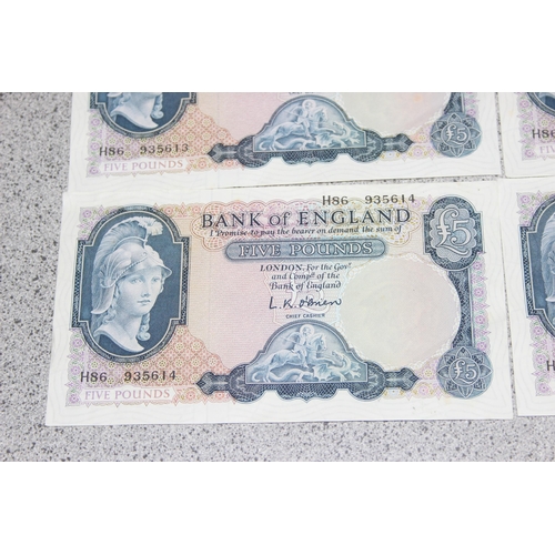 1261 - Great Britain Banknotes, A run of 6 consecutive serial numbered Five (£5) Pounds banknotes- O'Brien ... 