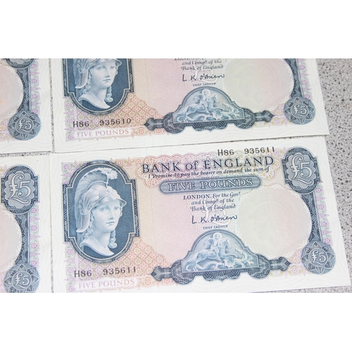 1261 - Great Britain Banknotes, A run of 6 consecutive serial numbered Five (£5) Pounds banknotes- O'Brien ... 