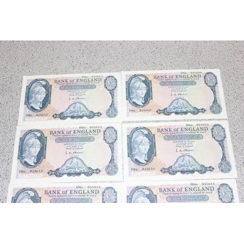 1261 - Great Britain Banknotes, A run of 6 consecutive serial numbered Five (£5) Pounds banknotes- O'Brien ... 