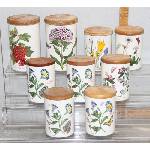 1792A - 9 assorted wooden topped Portmeirion storage jars, 8 Botanic Garden pattern, 1 Pomona