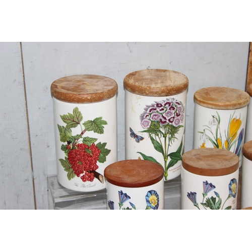 1792A - 9 assorted wooden topped Portmeirion storage jars, 8 Botanic Garden pattern, 1 Pomona