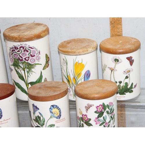 1792A - 9 assorted wooden topped Portmeirion storage jars, 8 Botanic Garden pattern, 1 Pomona