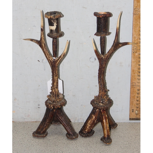 1809 - A pair of vintage carved antler candlesticks, each approx 33cm tall