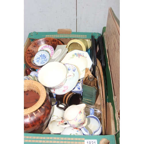 1821 - 2 boxes of assorted antique and later ceramics to inc Shelley, Spode etc and other misc items